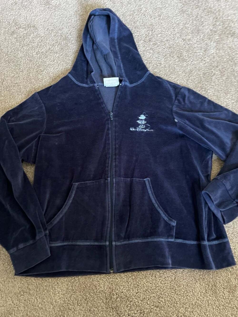Vintage Walt Disney World Minnie Mouse Velour Full Zip Hoodie Navy Blue Medium